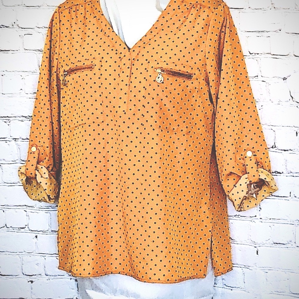 DONATED   Adrienne Vittadini Silky Polka Dot Oversize Logo-Pocket Blouse - Picture 2 of 12